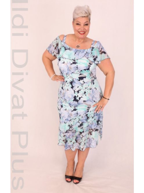 Ajso Kék-Pink Virágos Fodros Ruha