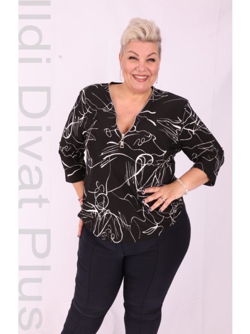 Ilona Zippes Nyakú Fekete-Fehér Mintás Felső