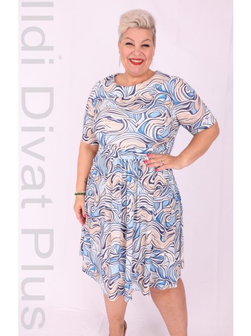 RK9 Beige-Kék Mintás A-vonalú Ruha