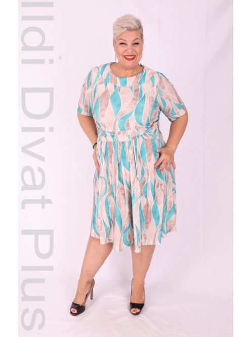 RK9 Beige-Zöld Mintás A-vonalú Ruha