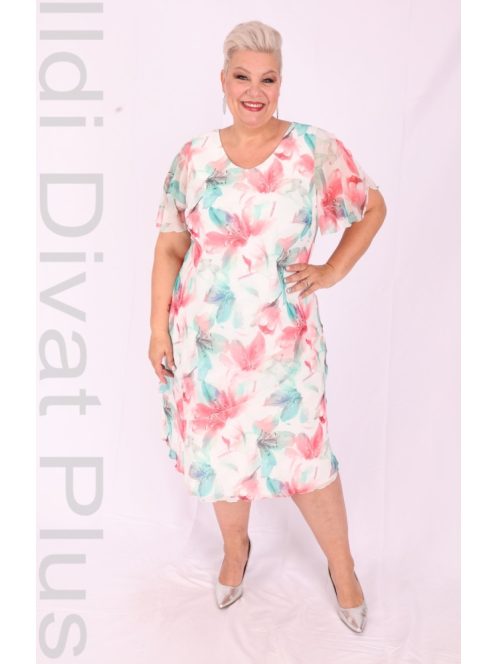 Luna Zöld-Piros Virágos Muszlin Ruha