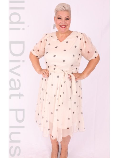 Margo Beige-Fekete Pöttyös Muszlin Ruha