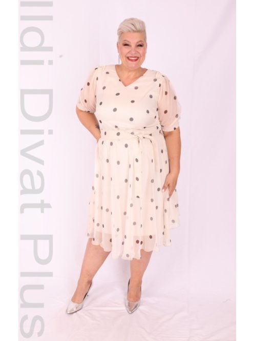 Margo Beige-Fekete Pöttyös Muszlin Ruha