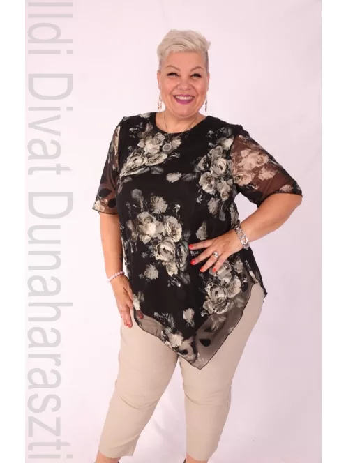 Eko Fekete-Keki Virágos Muszlin Tunika