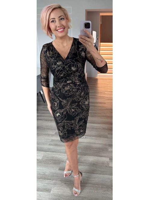 Trynite Fekete-Arany Mintás Hálós Ruha