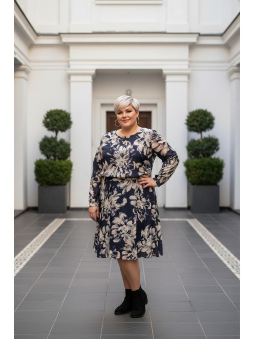 Trynite Kék-Beige Arany Virágos Ruha