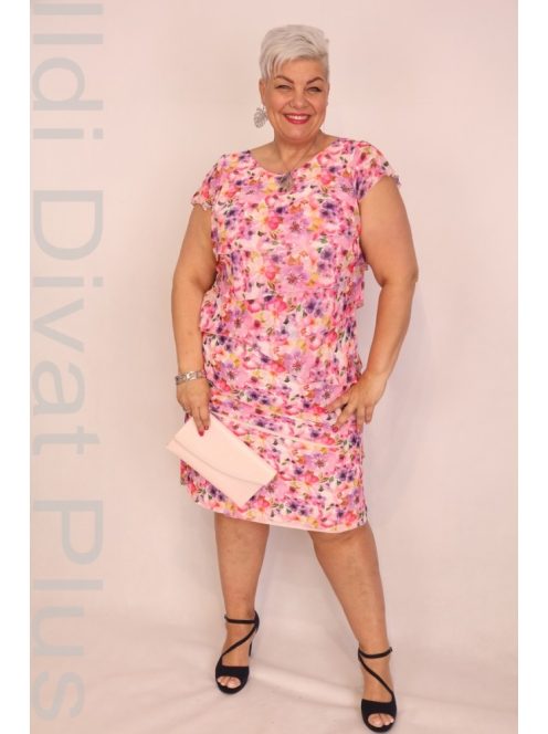 Szyk Pink-Színes Virágos Fodros Ruha