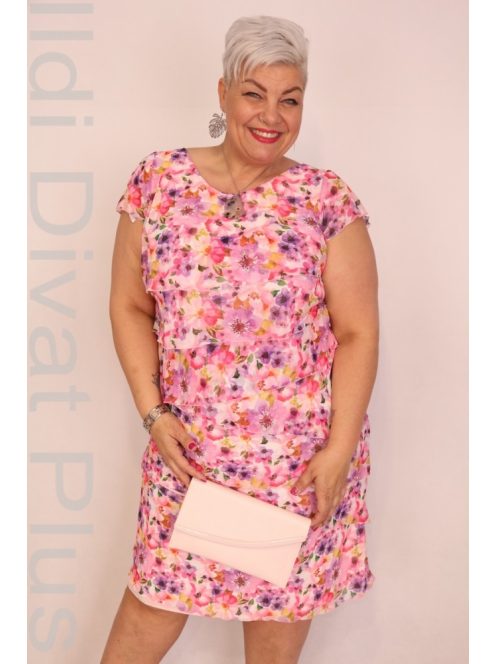 Szyk Pink-Színes Virágos Fodros Ruha