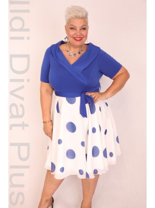 Elli Királykék-Fehér Pöttyös A-vonalú Ruha