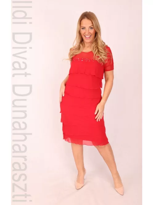 Szyk Piros Fodros Köves Ruha