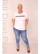 Caremo Fehér Sharlotte Kerek Nyakú Írásos Felső-2XL