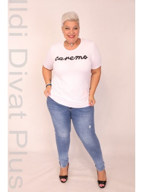 Caremo Fehér Sharlotte Kerek Nyakú Írásos Felső-2XL