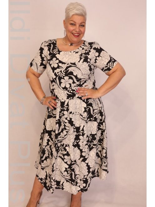 Biljana Fekete-Fehér Virágos Fodros Ruha