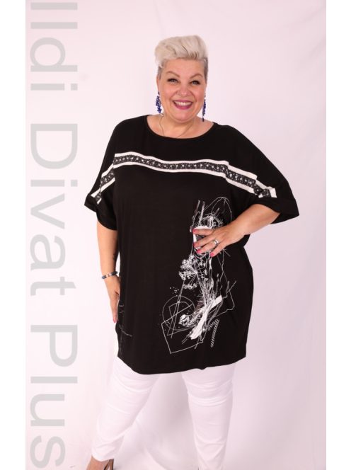 Sinyora Fekete-Fehér Mintás Köves Tunika