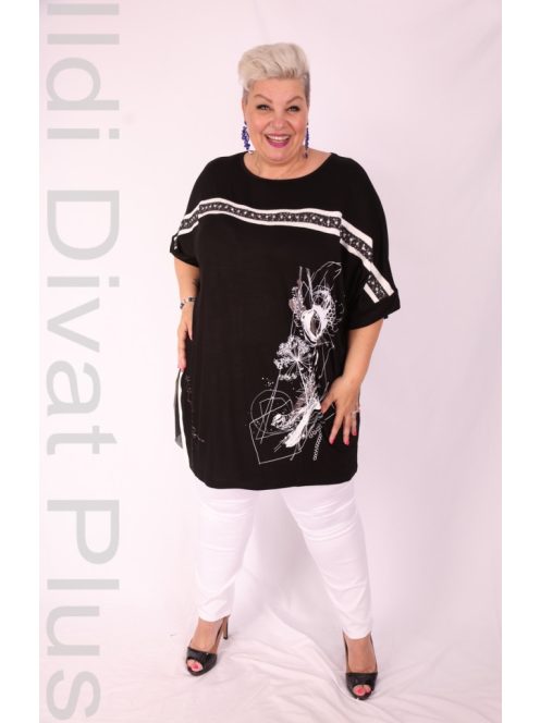 Sinyora Fekete-Fehér Mintás Köves Tunika