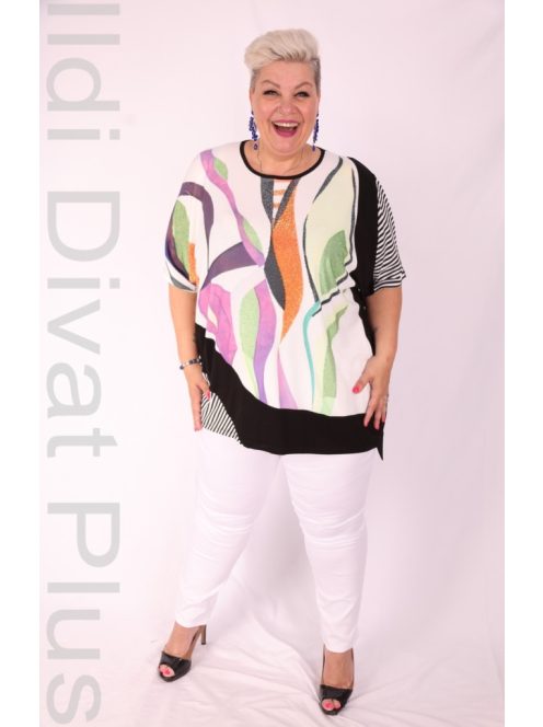 Sinyora Fekete-Fehér Színes Köves Mintás Tunika