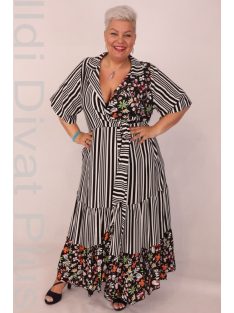   Darkwin Fekete-Fehér Csíkos Színes Virágos Átlapolt Ruha