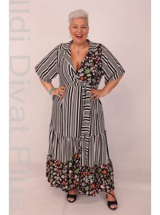   Darkwin Fekete-Fehér Csíkos Színes Virágos Átlapolt Ruha