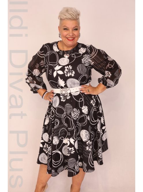 La Fama Fekete -Fehér Mintás A-vonalú Ruha+ Öv