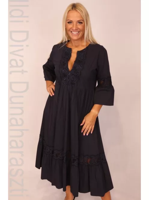 Kapris Kék-Csipkés Köves Fodros Ruha