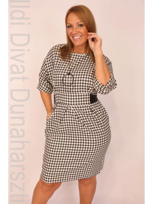 Asil Len Fekete-Fehér Mintás Ruha