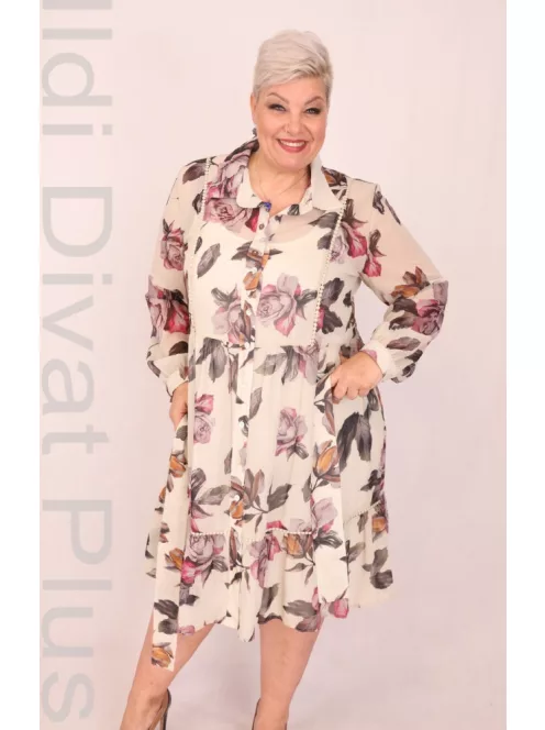 Kapris Beige Virágos Kétrészes Muszlin Ruha