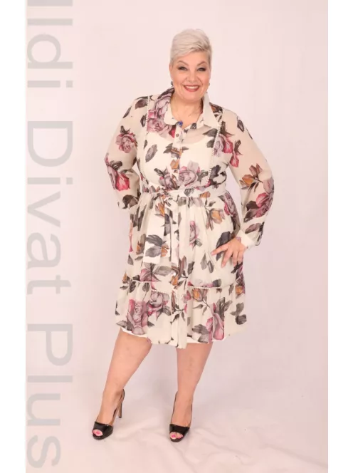 Kapris Beige Virágos Kétrészes Muszlin Ruha