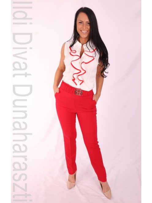 Mystic Day Piros-Ekrü Fodros Ujjatlan Blúz-XL