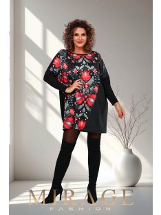 Mirage Fashion Max Fekete-Virágos Műbőr Betétes Tunika