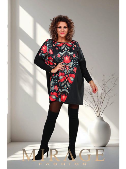 Mirage Fashion Max Fekete-Virágos Műbőr Betétes Tunika