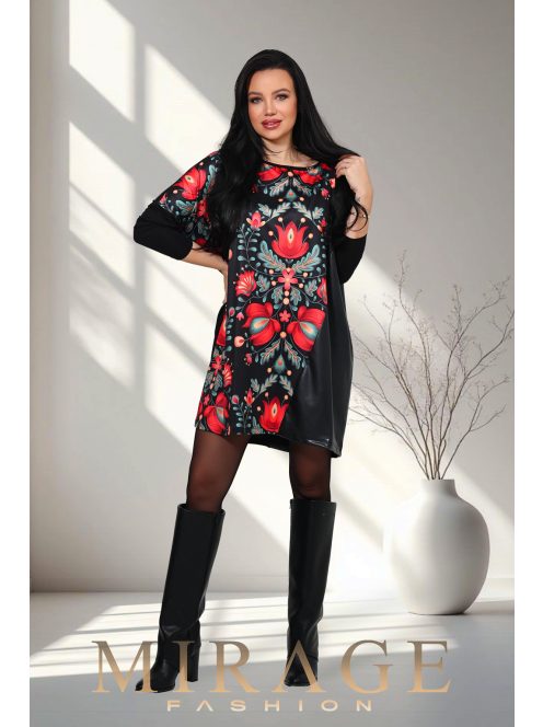 Mirage Fashion Max Fekete-Virágos Műbőr Betétes Tunika