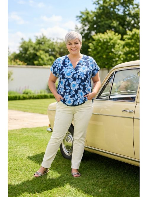 Olsen Kék-Fehér Mintás Vintage Blúz