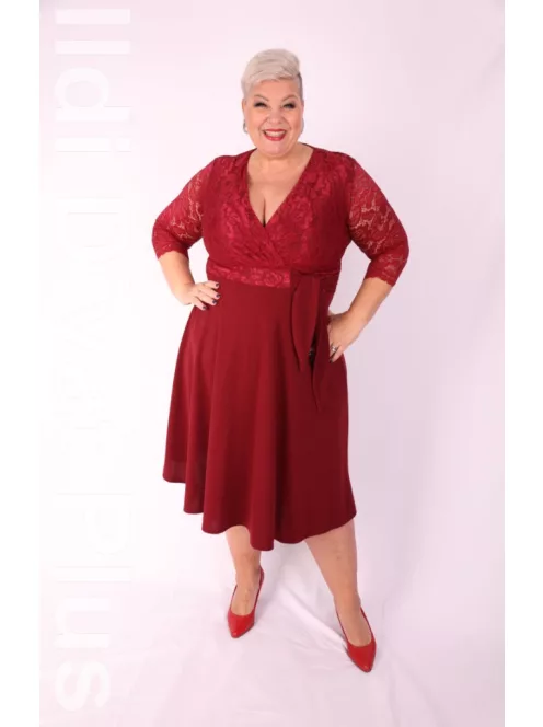 Zita Bordó Csipkés 3/4 Ujjú Ruha-4XL