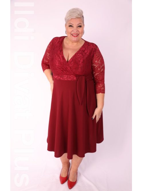 Zita Bordó Csipkés 3/4 Ujjú Ruha