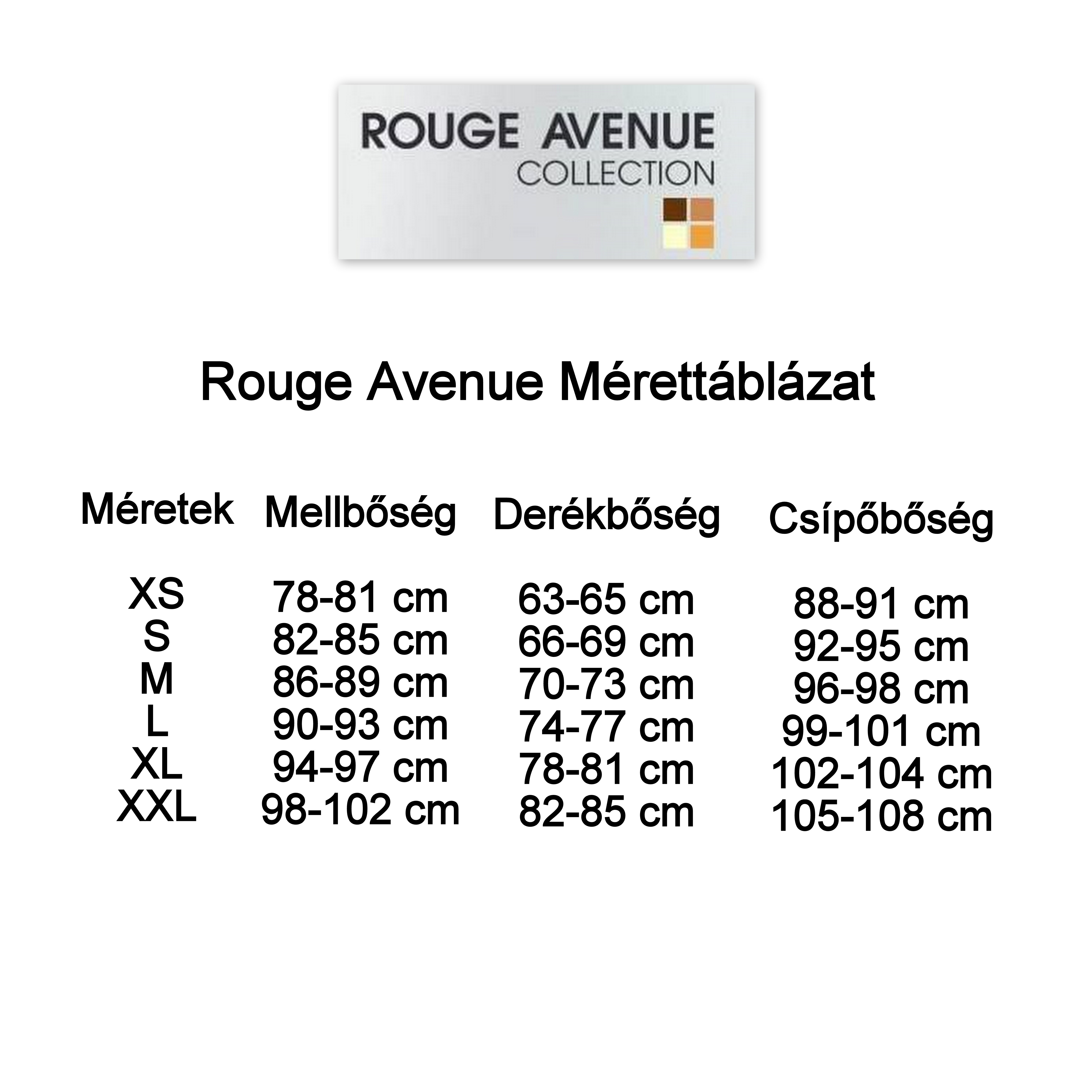 Rouge Avenue méretttáblázat