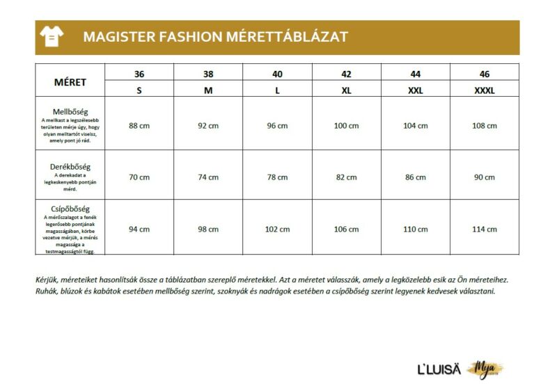 Magister Fashion méretttáblázat